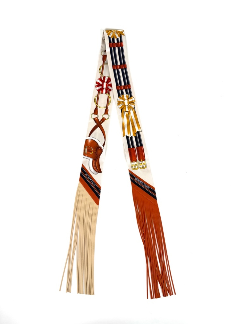 Sold Hermes Jumping Creme Alezan Anthracite Silk Calfskin Leather Fringe Scarf - Picture 7 of 12